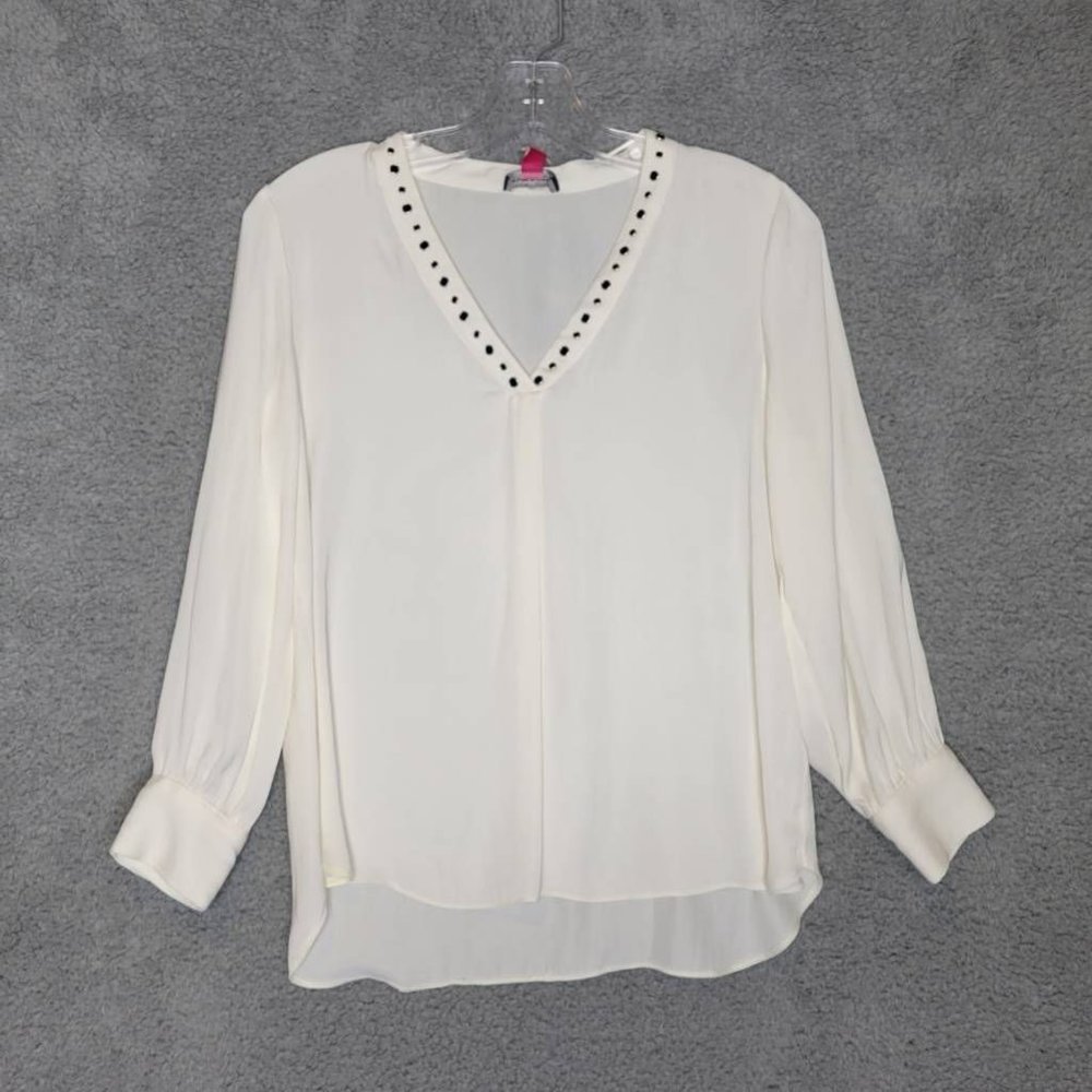 Vince Camuto Womens‎ Blouse Ivory Long Sleeve Studded V Neck Petites PXS New